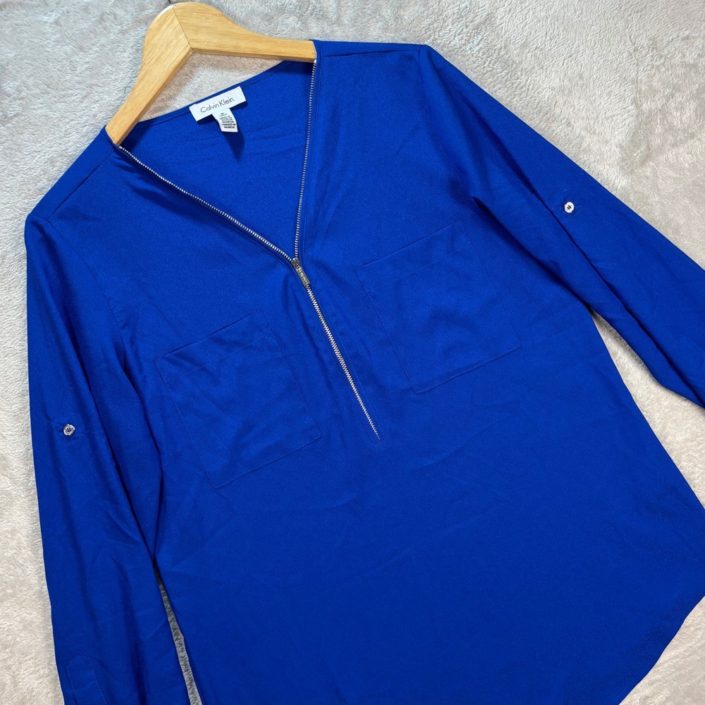 Calvin Klein‎ Women's Zip Up Tunic Blouse Roll Tab Sleeve Royal Blue Size S